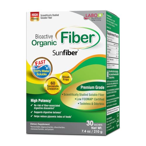 LABO Nutrition Bioactive Organic Fiber – Sunfiber PHGG Soluble Prebiotic Fiber for Digestive Regularity & Gut Health – Partially Hydrolyzed Guar Gum, Low FODMAP, Unflavored, Vegan, Non-GMO, 30 Sachets