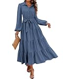 dowerme Women's Long Sleeve Dress 2026 Button Down Belted A-Line Flowy Spring Outfits Ruffle Maxi Holiday Party Dresses(Grey Blue,Medium)