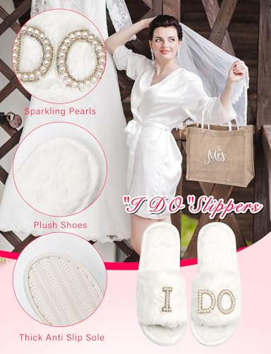 6 Pcs Bride Robe for Wedding Day Set Satin Bride Robe and Slippers Set for Bachelorette Party Bridal Shower Gifts3