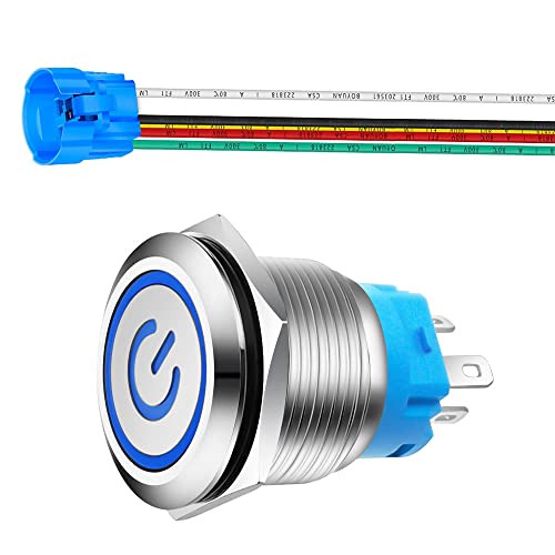 Gebildet 0,87''/22mm Edelstahl Druckknopfschalter 230V AC 3A Betriebssymbol LED 1NO1NC SPDT An Aus Wasserdichter Kippschalter mit Kabelbuchse Stecker (Blau LED)