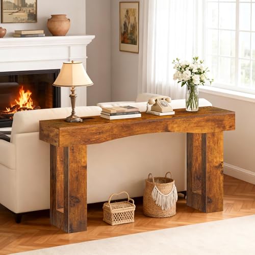 Image of 63 Inch Long Entryway Table Hollow, Wooden Console Table with Socket Farmhouse Sofa Table for Entrance, Hallway, Living Room,Behind Couch(Rustic Brown)