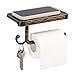 SDH Antique Brass Toilet Paper Holder with Shelf Space, Aluminum Wall Mount Toilet Tissue Holder with Cell Phone Storage and Hook -Bathroom Toilet Paper Holder Vintage Style & Rustproof