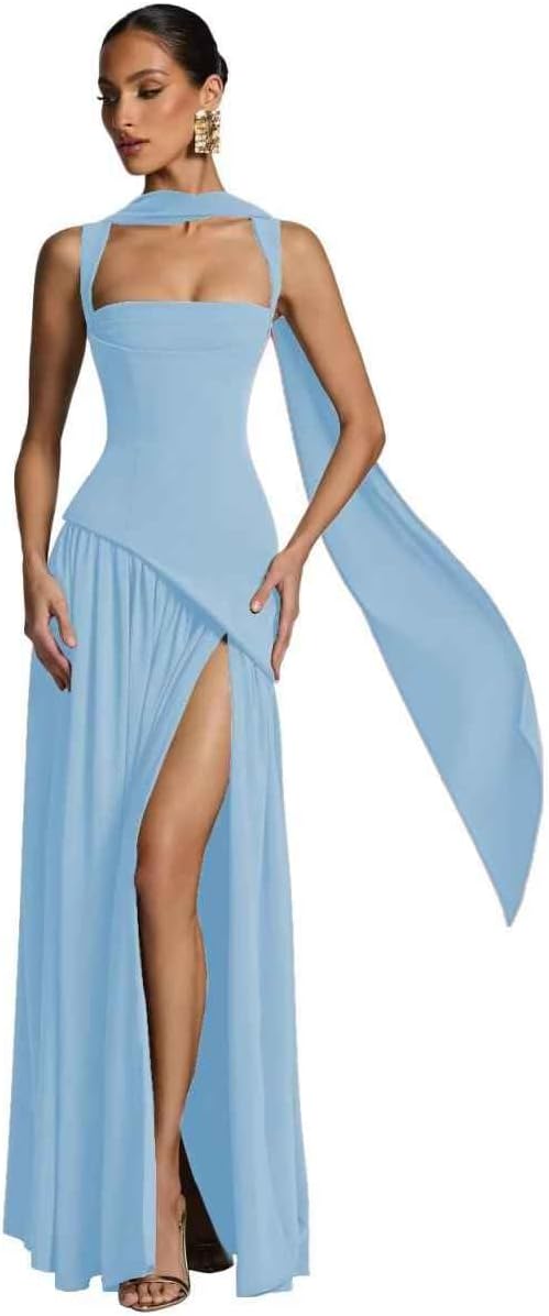 Chiffon Bridesmaid Dress with Scarf A-line Side Slit Corset Long Formal Dresses for Women