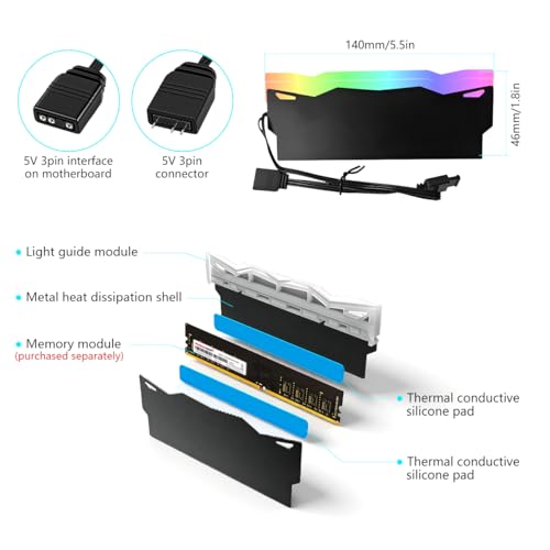 Image of ZORBES 5V 3PIN ARGB RAM Heatsink Aluminum Alloy RGB Memory Heat Spreader Compatible with DDR2 DDR3 DDR4, Single /Double-Sided RAM Support, Addressable RGB Sync Lighting for PC Build