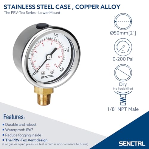 Image of SENCTRL 0-200 psi Pressure Gauge, 2 inch Dial Size, 1 /8 NPT Lower Mount, Anti-Fog, Waterproof, Stainless Steel Case, for Pneumatic Regulator Air Compressor Portable Tank Water Tire Test