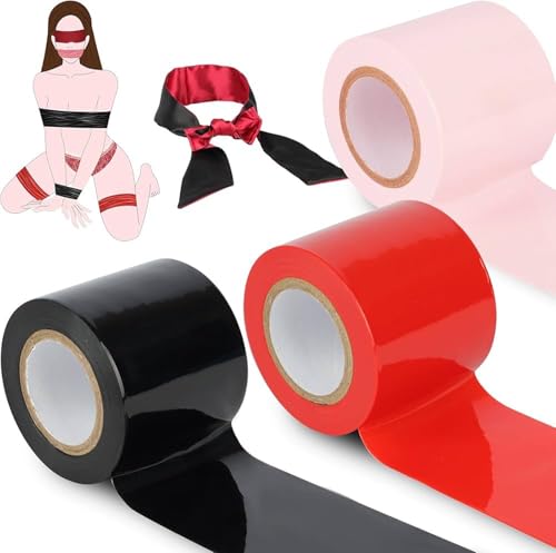 Yasexx Bondage Tape +Augenmaske Set Of 4 Bondage Set Sm Bondage Restraint Tape Reusable Pvc Static Electrostatic Tape Bondage Seil Bettfesseln FüR Sexspiele Sex Toy For Couples（Rosa+Rot+Schwarz）