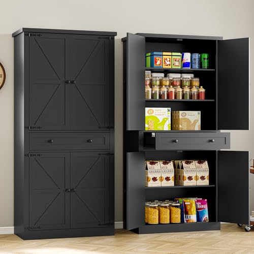 Image of BORNOON Pantry Organizers and Storage Cabinet, 67.7 inch Barn Door White Kitchen Cabinet with Drawers and Adjustable Shelf, Tall Pantry for Kitchen, Dining Room, Living Room