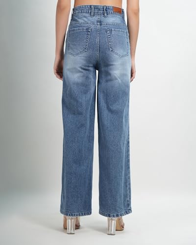 Image of Women's High Waist Wide Leg Jeans, Light Blue Denim, Stretchable Relaxed Fit
