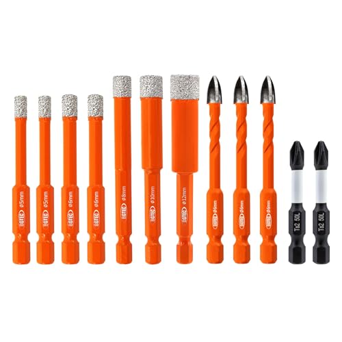 BGTEC Diamond Drill Bit Set 12PCS - 5MM*2+6MM*2+8MM+10MM+12MM Tile Bits &amp; 6MM*3 Masonry Drill Bit with PH2 Screwdriver Bit for Porcelain Tile Marble Granite Concrete Wood Masonry