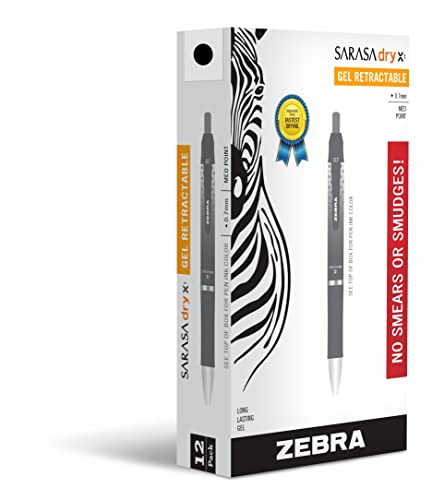 Zebra Pen, SARASA Dry X1 Retractable Gel Pens, 0.7mm Medium Point, Black Ink, Fast-Dry Smear-Resistant Gel, Ergonomic Barrel with Comfort Grip, Left-Hand Friendly, 12-Pack (45610)