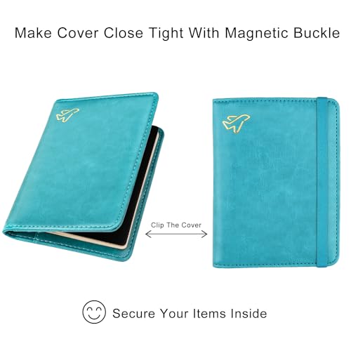 Image of WALNEW Passport Holder for Travel, RFID Passport Cover Wallet for Women Men, PU Leather Passport Book Card Holder Case with Pen (Elastic Band Closure, C-Blue)