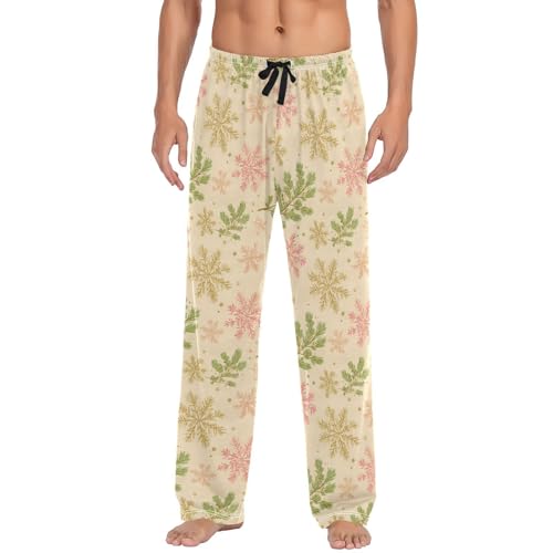 Men's Pajama Pants,Snowflakes and Green Leaf Lounge Lightweight Sleep Bottoms Pants with Pockets Size S-XXL