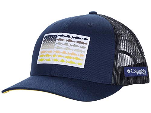 Image of Columbia Unisex Mesh Snap Back Fish Flag Ball Cap, Breathable, Adjustable, Collegiate Navy /Sun Glow /Fish Flag, One Size