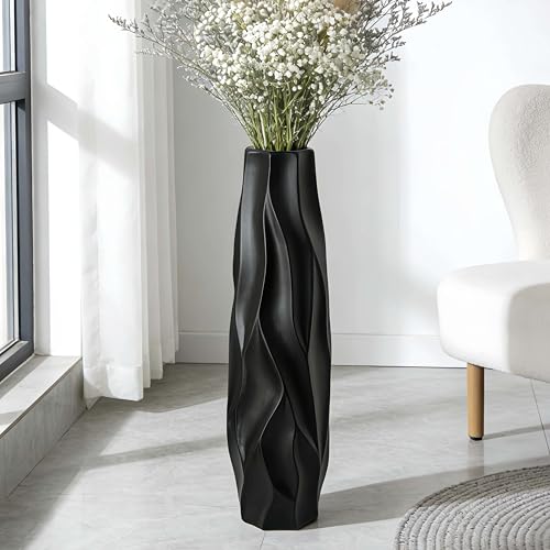 GDSZJLJ Black Tall Ceramic Floor Vase, 24 Inch, Pleated Wave Design