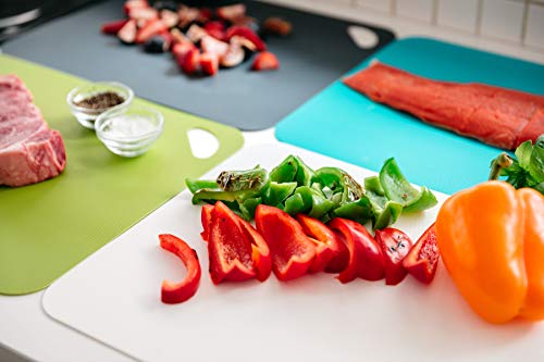 Image of Dexas Heavy Duty Cutting Board Grippmat, Flexible Cutting Boards for Kitchen, Set of 4, Non Slip Plastic Board Cutting Mat 11.5 by 14 inches, Gray, Turquoise, White, Green Set Kitchen Gadgets