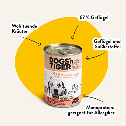 Dogs’n Tiger Adult Premium Nassfutter für Hunde, Gaumenfreude, Hunde Nassfutter, Rezeptur mit 67% Fleischanteil an Geflügel, ohne Zucker, Getreide & künstliche Aromen, 6X 400g