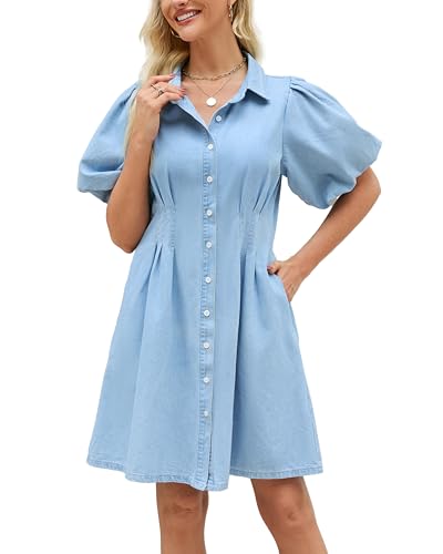 Women's Denim Shirt Mini Dress Short Puff Sleeve Collared Button Down Jean A Line Dress
