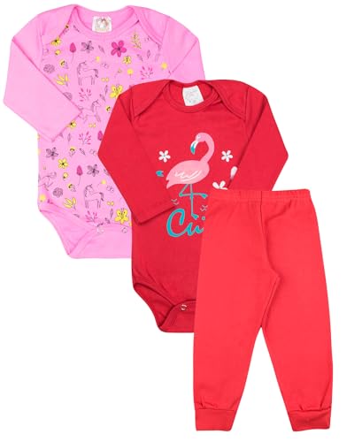 Kit Roupa De Bebe 3 Peças Body Manga Longa Estampado e Calça Mijão Algodão Menino e Menina (P, Menin