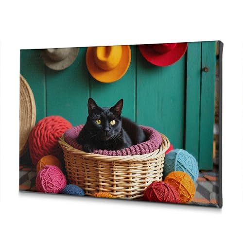 Tableau chat noir fils colores pour salon chaleureux