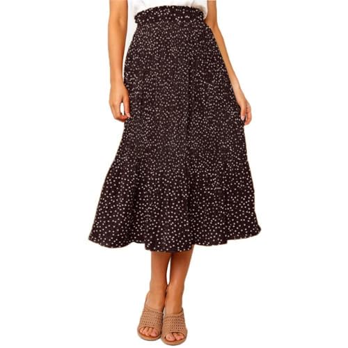 Oyamiki Women's Stretchy Pleated Skirts Vintage Elegant Polka Dot Gathered Skirt Trendy Dasily Summer Maxi Skirt, S Coffee