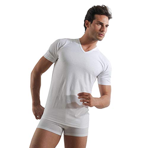 TL 6 Magliette Intime in Puro Cotone Filo di Scozia morbide Modello Collo a V. Prodotto Italiano. Taglia Quarta 48 Colore Bianco