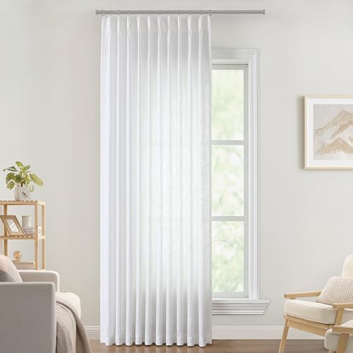 Image of Vision Home White Pinch Pleated Semi Sheer Curtains Textured Light Filtering Window Curtains 120 inch for Living Room Bedroom Patio Rayon Blended Pinch Pleat Drapes with Hooks 1 Panel 10ft 60 inchWx120 inchL