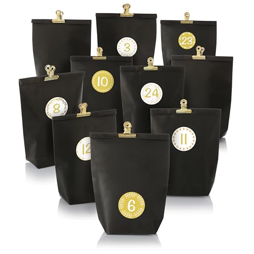 Nordstern Adventskalender zum Befüllen Schwarz Gold - DIY Geschenktüten Set mit 24 Kraftpapiertüten, goldenen Klammern und Zahlen Aufklebern
