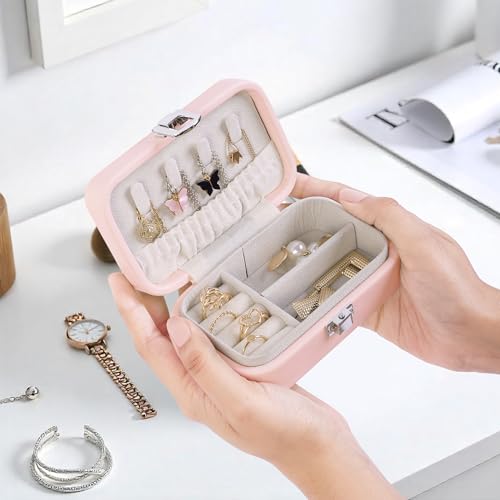 Image of BucketList PU Leather Jewellery Organizer Box with Ring Slots & Necklace Hooks | Compact Jewelry Storage Case with Secure Lock (Travel Jewellery Box Rectangular (Pink))