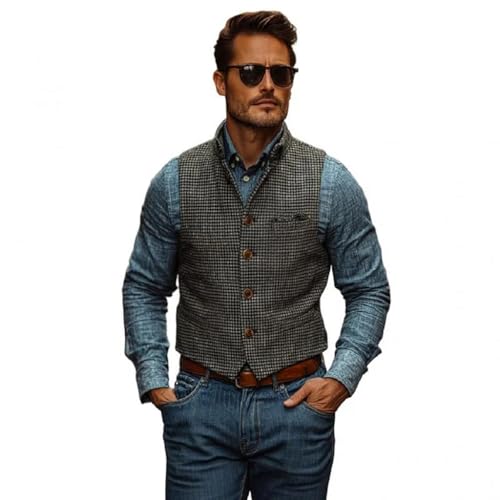 VENNYNG Houndstooth Mandarin Collar Vest for Men Slim Fit Formal Waistcoat Autumn Casual Adjustable Back Tweed Texture3