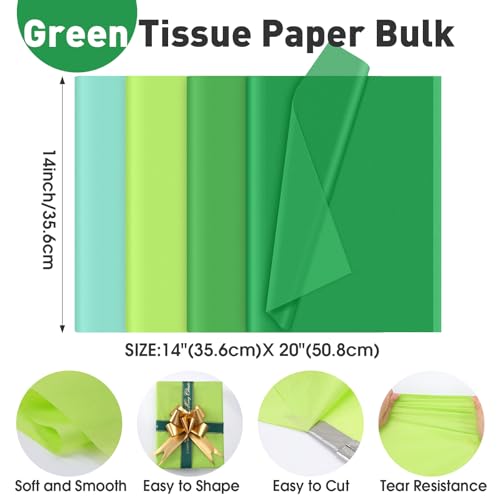Image of TUXIYA 200 Pcs Green Tissue Paper for Gift Bags,14 inchX20 inch Tissue Paper Bulk