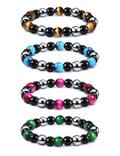 SOOWOOT 2-4Pcs Triple Protection Bracelet - Tiger Eye & Obsidian & Hematite Triple Bracelet Bring Protect Good Luck and Prosperity for Men Women