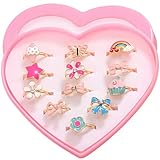 Everglit Kids Rings for Girls Jewellery - Childrens Set Adjustable Princess Dress Up Toys With Heart Shape Box for Little Girl Pretend Play Christmas Socks Fillers Birthday Party Gift 12Pcs