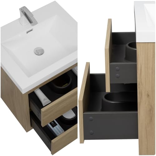 Trygoal 24" Bathroom Vanity with Sink, Floating Vanity with Resin Countertop & 2 U-Shaped Interiors, Wall-Mounted Bathroom Storage Cabinet with Soft-Close Drawers for Home, Easy to Clean, Natural Oak by Trygoal - Image 5