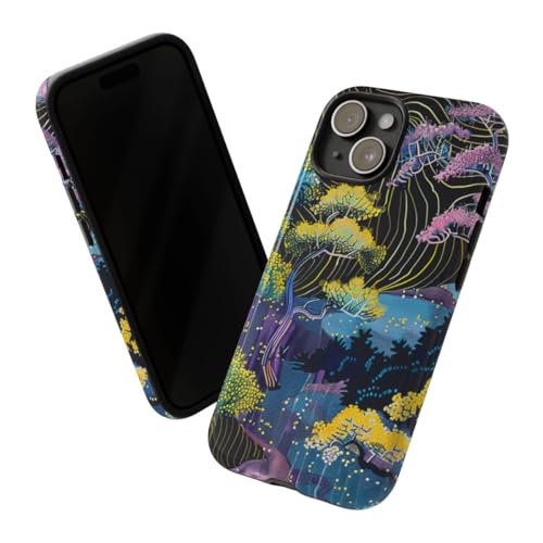 Coque iPhone 15 paysage d'arbre abstrait coloré noir antichoc chic