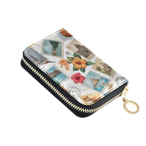 Burbuja Travel Postage Stamp Credit Card Holder for Women Men RFID Blocking, Leather Accordion Zipper Card Case Wallet 11 Slots