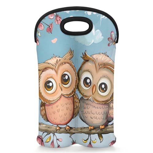 GzLeyigou 2 Bottles Owls Wine Bag Sleeve Totes Neoprene Protective Wine Carrier Bag for Wine,Water, Champagne, Beer, Baby Bottles,Gift 14.5 x 10 Inches