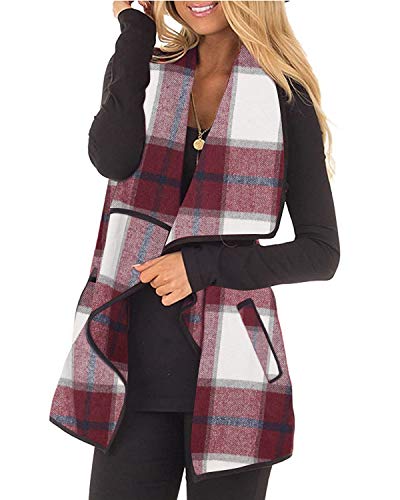 Unidear Women Vest Lapel Open Front Buffalo Plaid Sleeveless Cardigan Jacket Coat with Pockets Wine Red S