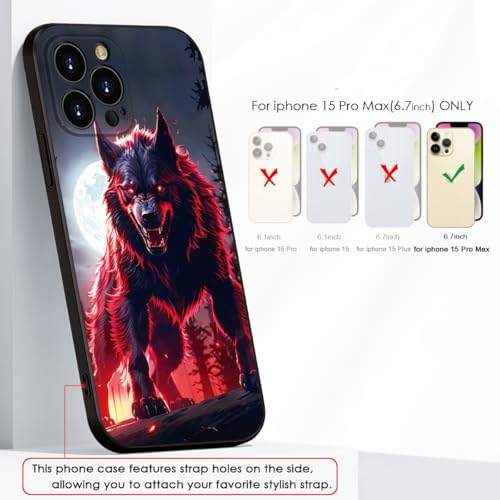 Printed with Wolf for iPhone 15 pro max case, Under The Full Moon, The Wolf King with Untamed Power and Radiating Red Eyes - Silicone Shockproof Case (A1-Wolfs-Animal)
