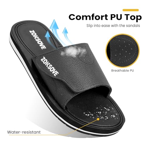 Slides for Men - Adjustable Slide Sandals Slip On- Open Toe Memory Foam Beach Sandals - Comfortable Summer Footwear for indoor/outdoor - Black 72