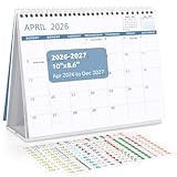 SKYDUE Desk Calendar 2026-2027, April 2026 to Dec 2027, 21 Months Small Desk Calendar with Planner Stickers, 10" x 8" Desktop Calendar Planner Standing Flip, Blue