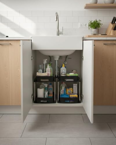 Image of JD Fresh Pack of 1 Under Sink Storage Organizer /Pull Out Cabinet Storage with Hooks & Hanging Cup /2 Tier Plastic Organiser Rack and Sliding Shelf Basket (Black)