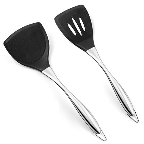 Image of Kitchen Heat Resistant Silicone Spatula Set (Pack of 2) Multipurpose Solid and Slotted Spatulas - Nylon Utensils with Nonstick, 304(18 /10) Stainless Steel Durable Handle (Black)