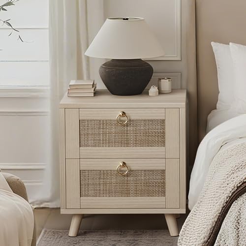 BOLUO Wooden Night Stand with 2 Drawer, Rattan Small Nightstand Boho Bedside Table for Bedroom Coastal BOLUO Wooden Night Stand with 2 Drawer, Rattan Small Nightstand Boho Bedside Table for Bedroom Coastal