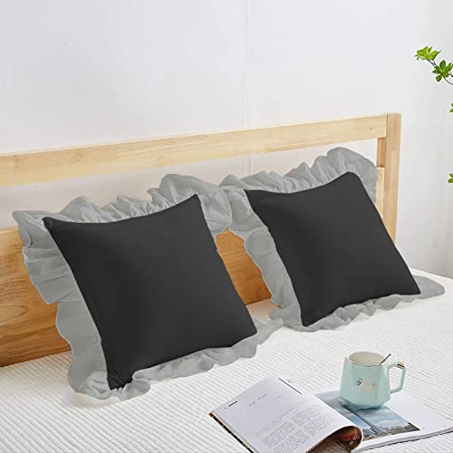 Image of YRM Bedding's Ruffle Beautiful Cushion Cover | Super Soft Elegant Premium Microfiber Frill Cushion Cover Set of 2 (16 inchx16 inch Inches) (Black /Silver Grey), 300 GSM