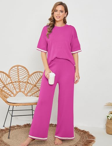 Image of Tanming Sweater Sets Women 2 Piece Lounge Sets Short Sleeve Knit Pullover Tops Wide Leg Pants