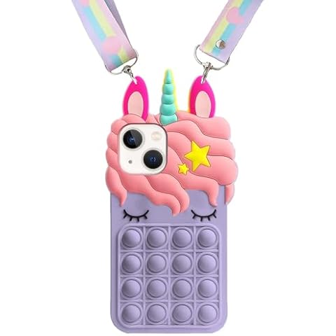 CASE TOWN Bubbles Unicorn Case for iPhone 13, iPhone 13 Purple Case, 3D Cartoon Cute Soft Silicone Rubber Cover, Animated Stylish Fashion Skin Shell case with Strap for Kids Child Teens Girls Cover