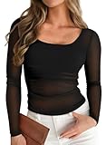 Pink Queen Mesh Top Women See Through Sexy Going Out Shirts Long Sleeve Ruched T Shirts Black M