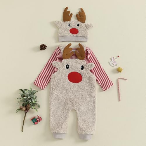 Image of Baby Boy Christmas Outfit Elf Newborn Romper Pants Set With Hat | Long Sleeve Bodysuit, Striped Romper Overalls Set, Baby Boy Elf Outfit, Fall Winter Clothes With Hat, My First Christmas.