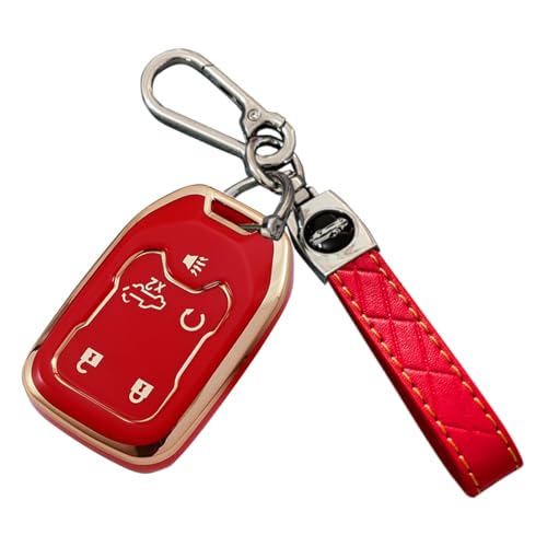 Coque de clé Chevrolet GMC en TPU rouge avec porte-clés en cuir pour Silverado Acadia
