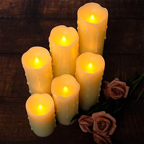 Dromance Flameless Flickering Candles Battery Operated With Remote And Timer, Set Of 6 Dripping Wax Led Pillar Candles Halloween Christmas Holiday Indoor Decor(Ivory, 2.2 X 4-9 Inches) #TOP5